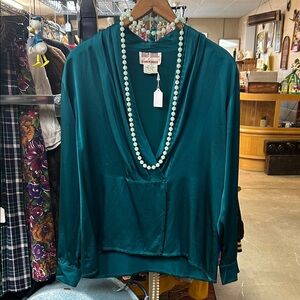 Vintage Maggy London Teal Wrap Silk Blouse
